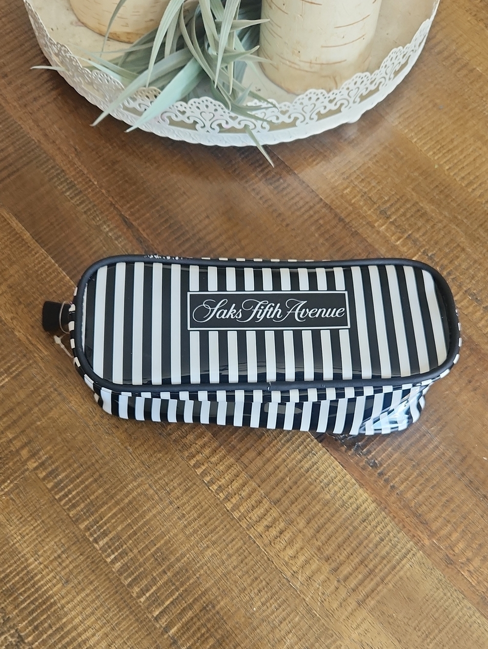 Saks Fifth Avenue Black and White Mini Striped Pouch
